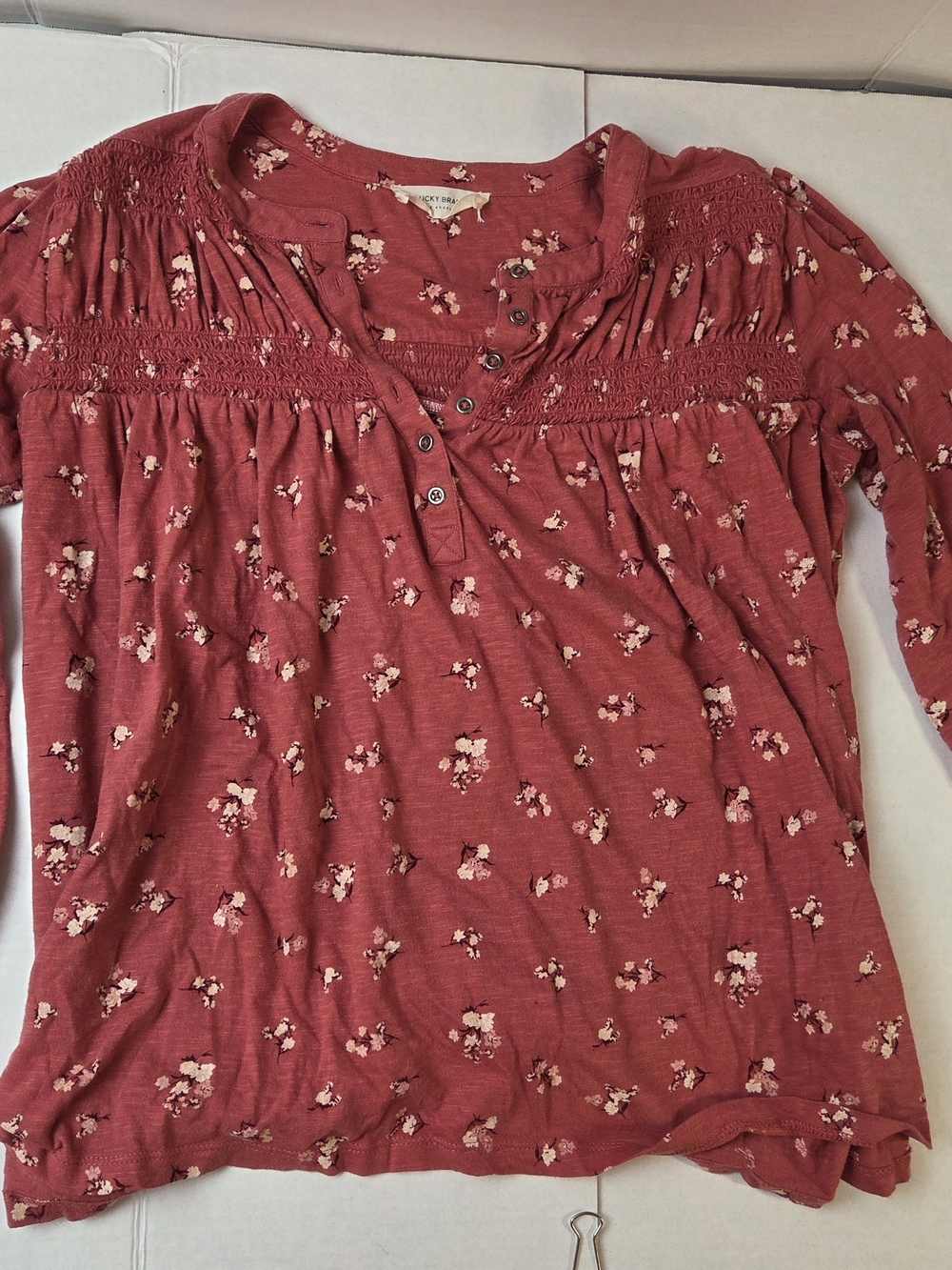 Lucky Brand Dusty Rose Floral Smocked Peasant Blouse - Picture 5 of 11